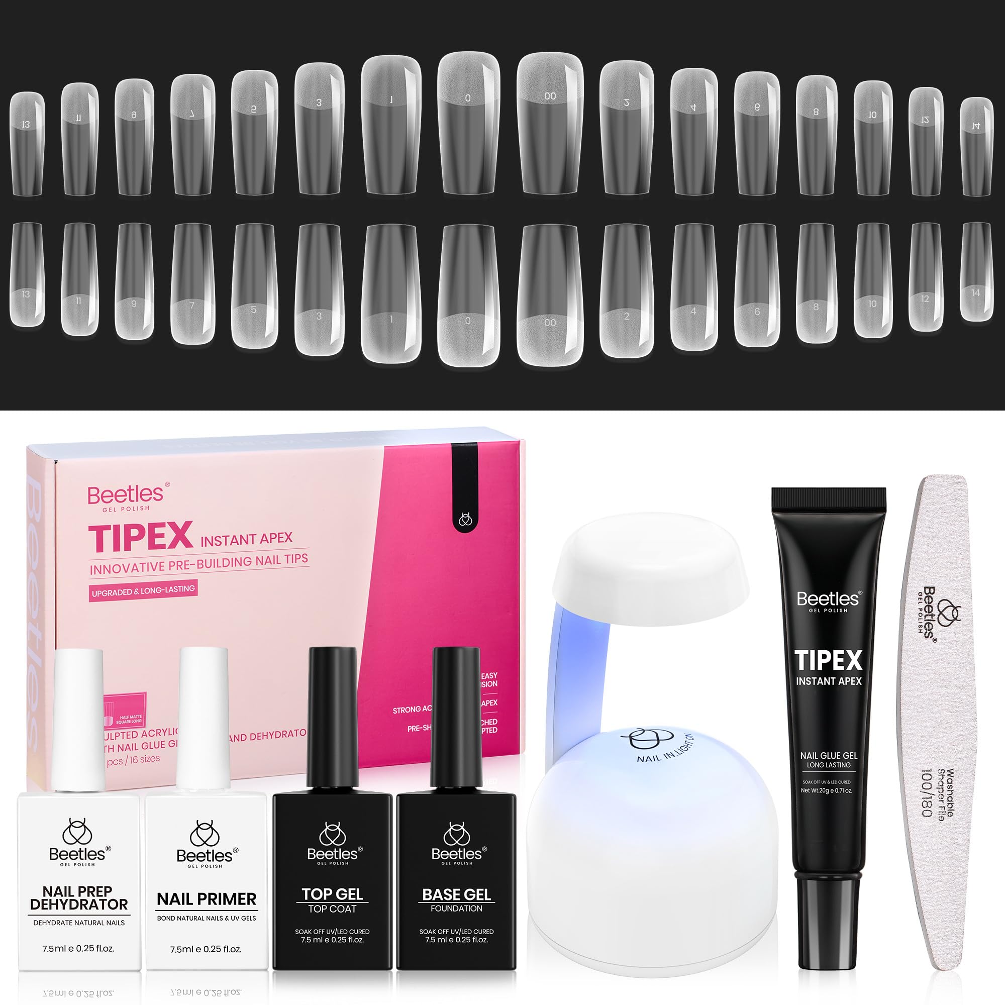 Beetles Tipex Instant Apex Nail Tips Kit – 224pcs, Glue, UV Lamp, Base & Top Coat