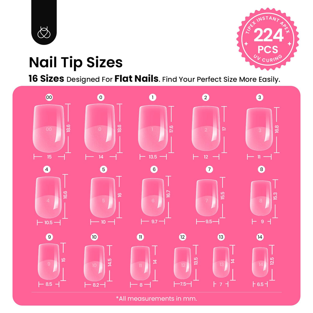 Beetles Tipex Instant Apex Nail Tips Kit – 224 Pcs, Extra Short Squoval, 16 Sizes, UV Glue & Mini UV Lamp