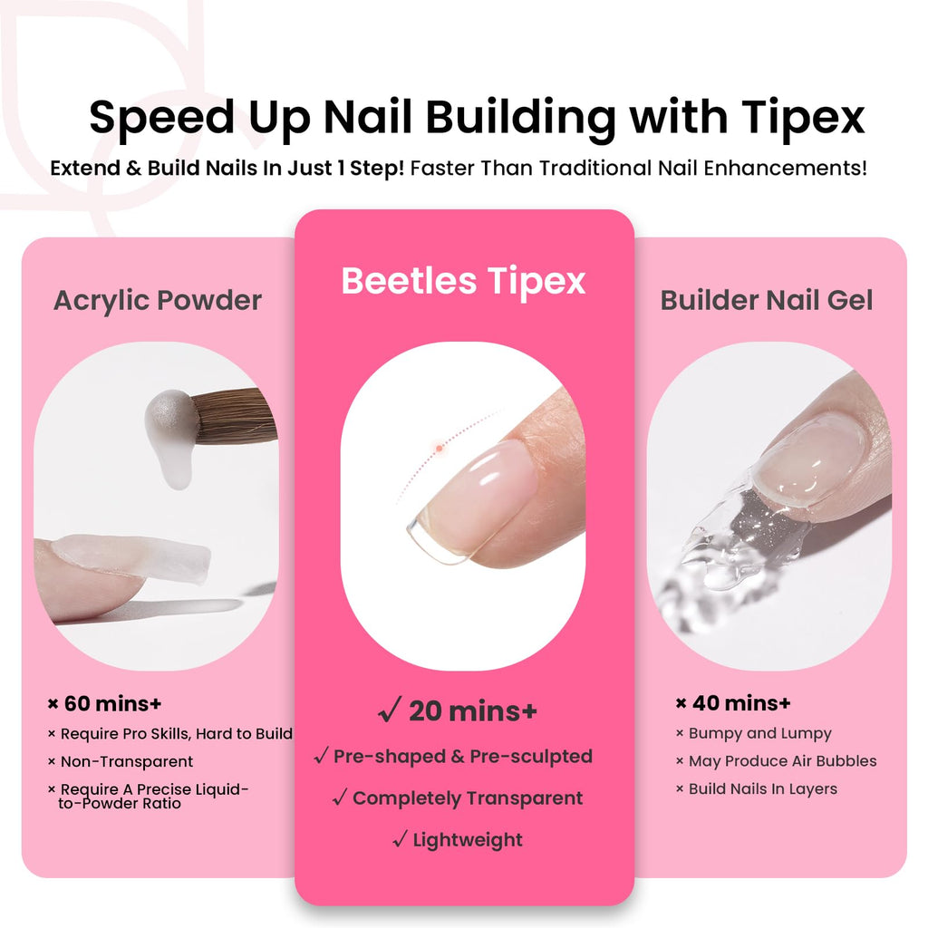 Beetles Tipex Instant Apex Nail Tips Kit – 224 Pcs, Extra Short Squoval, 16 Sizes, UV Glue & Mini UV Lamp