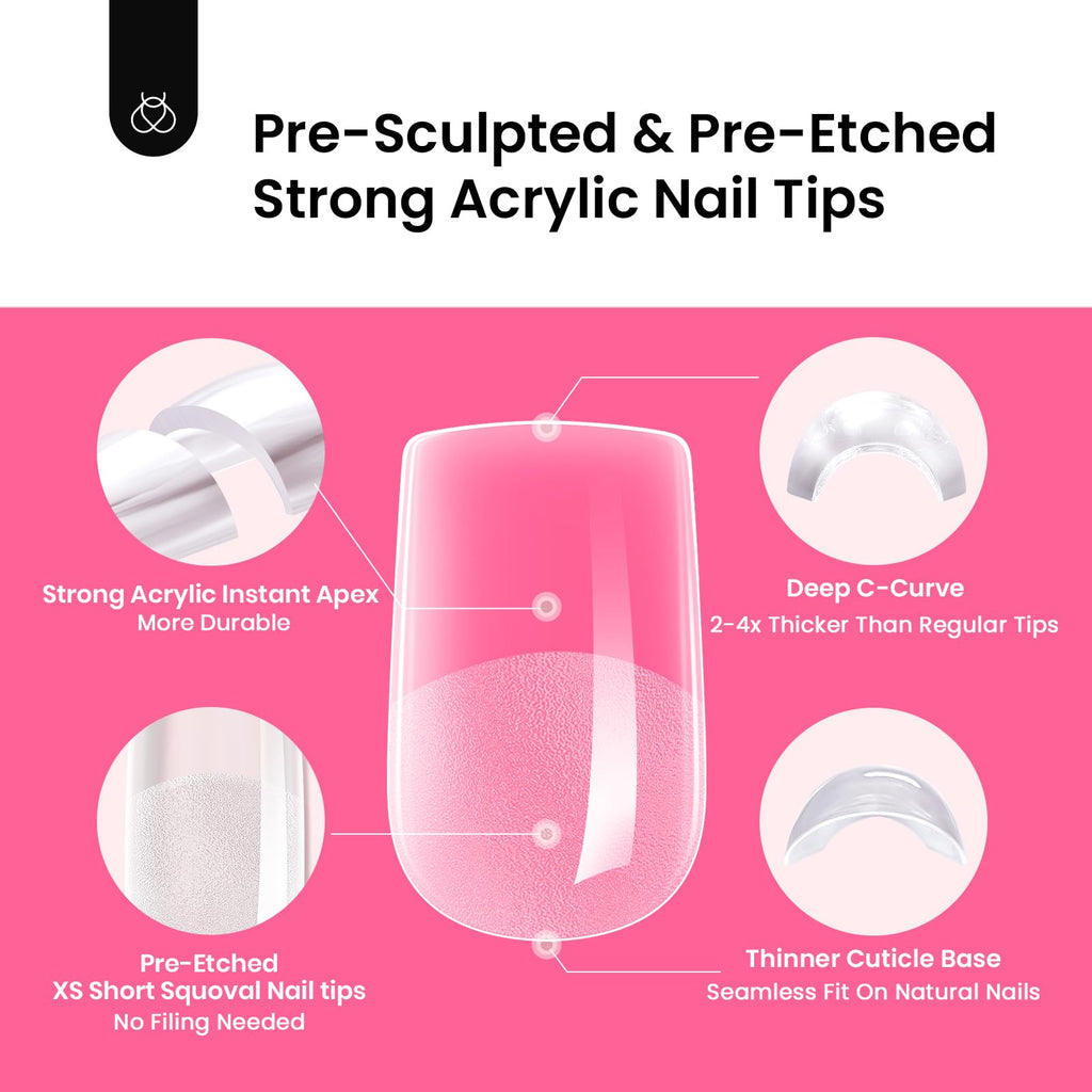 Beetles Tipex Instant Apex Nail Tips Kit – 224 Pcs, Extra Short Squoval, 16 Sizes, UV Glue & Mini UV Lamp