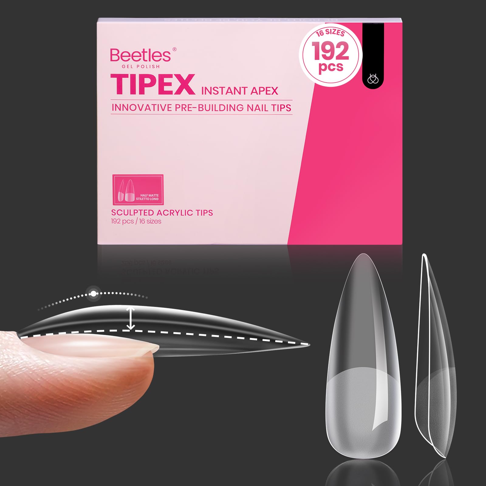 Beetles Tipex Instant Apex Nail Tips – Long Stiletto, Pre-Built & Pre-Etched, 192Pcs, 16 Sizes