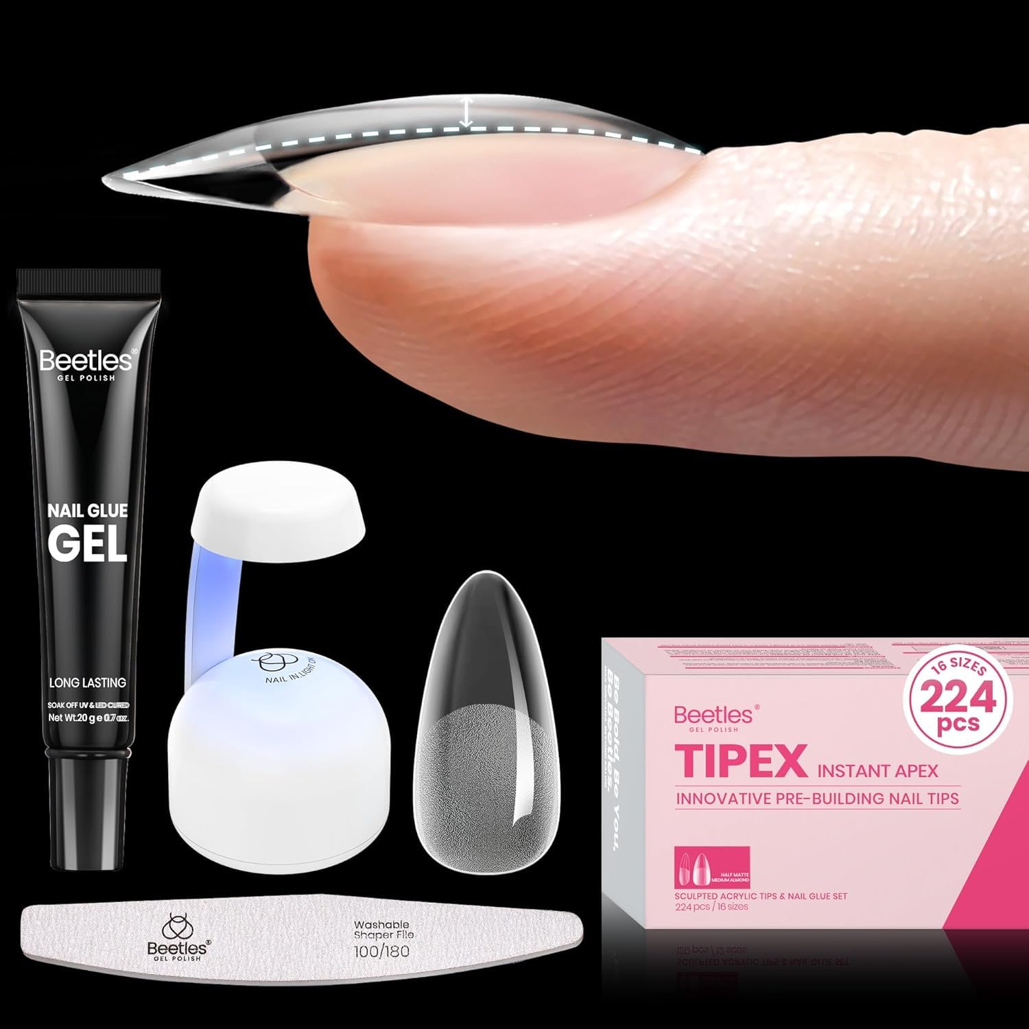 Beetles Tipex Gel Nail Kit – 224 Pre-Built Tips, 16 Sizes, Mini UV Lamp & Glue