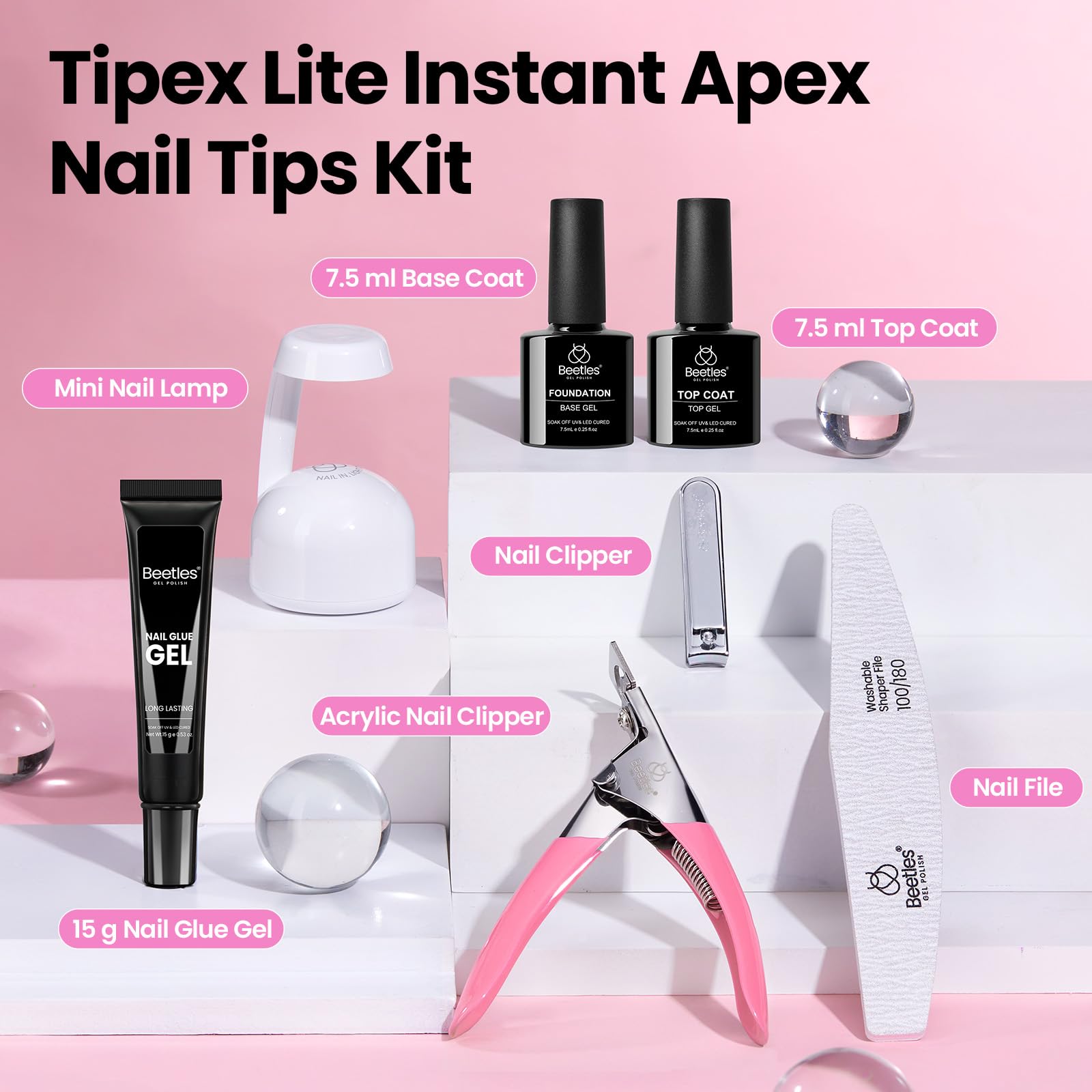 Beetles Tipex Lite Apex Nail Tips Kit – 192pcs, Square Short, UV Glue & Base Top Coat, Mini Lamp