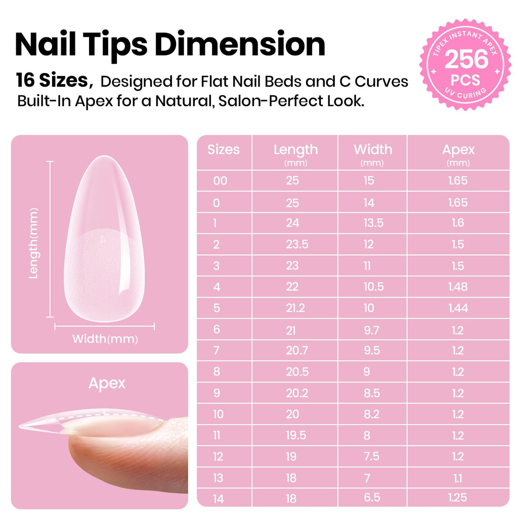 Beetles Tipex Lite Apex Nail Tips Almond Medium | 256pcs, 16 Sizes, Pre-Built Apex