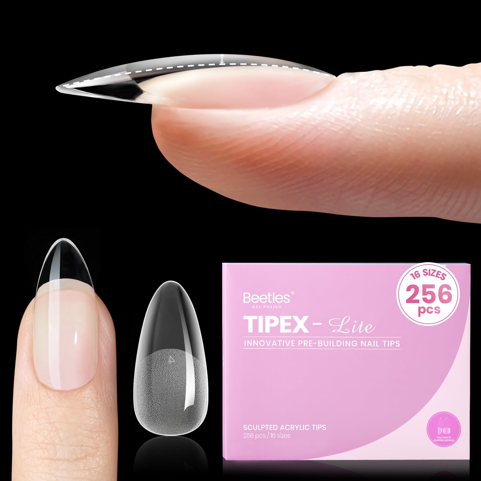 Beetles Tipex Lite Apex Nail Tips Almond Medium | 256pcs, 16 Sizes, Pre-Built Apex