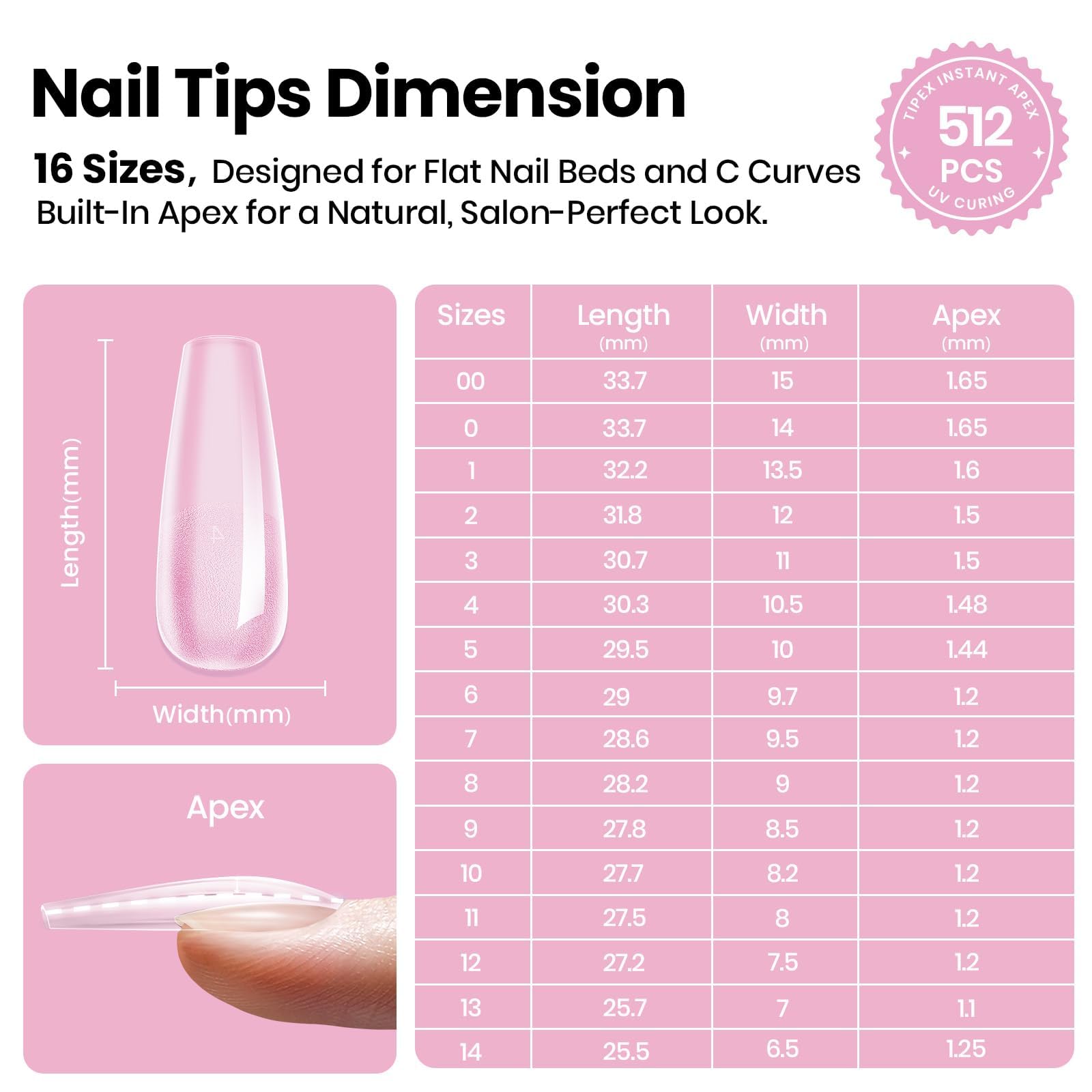 Beetles Gel Polish Tipex Lite Apex Nail Tips – Coffin Long, 512pcs, 16 Sizes, Pre-Built & Pre-Etched