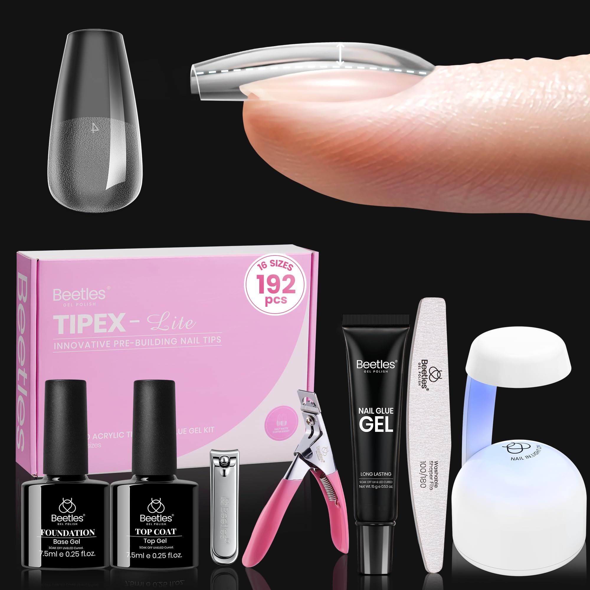 Beetles Tipex Lite Apex Nail Tips Kit – 192pcs Coffin Short, UV Glue, Base & Top Coat, Mini Lamp