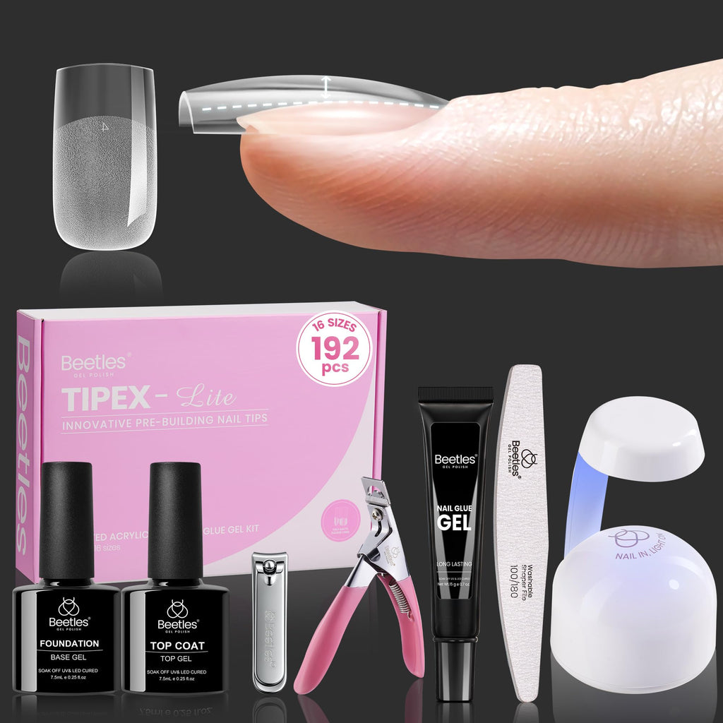 Beetles Tipex Lite Apex Nail Tips Kit – 192pcs, Square Short, UV Glue & Base Top Coat, Mini Lamp