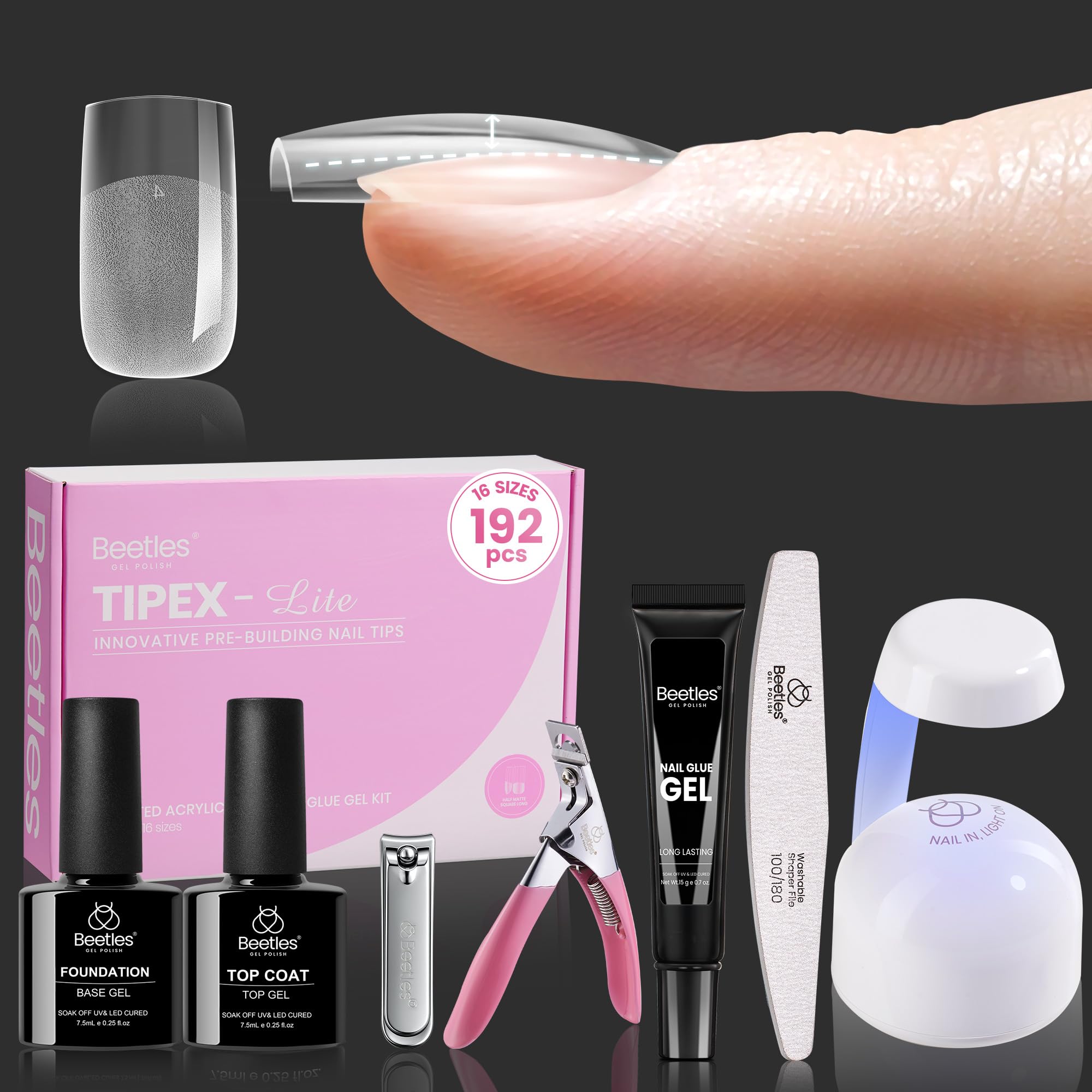 Beetles Tipex Lite Apex Nail Tips Kit – 192pcs, Square Short, UV Glue & Base Top Coat, Mini Lamp