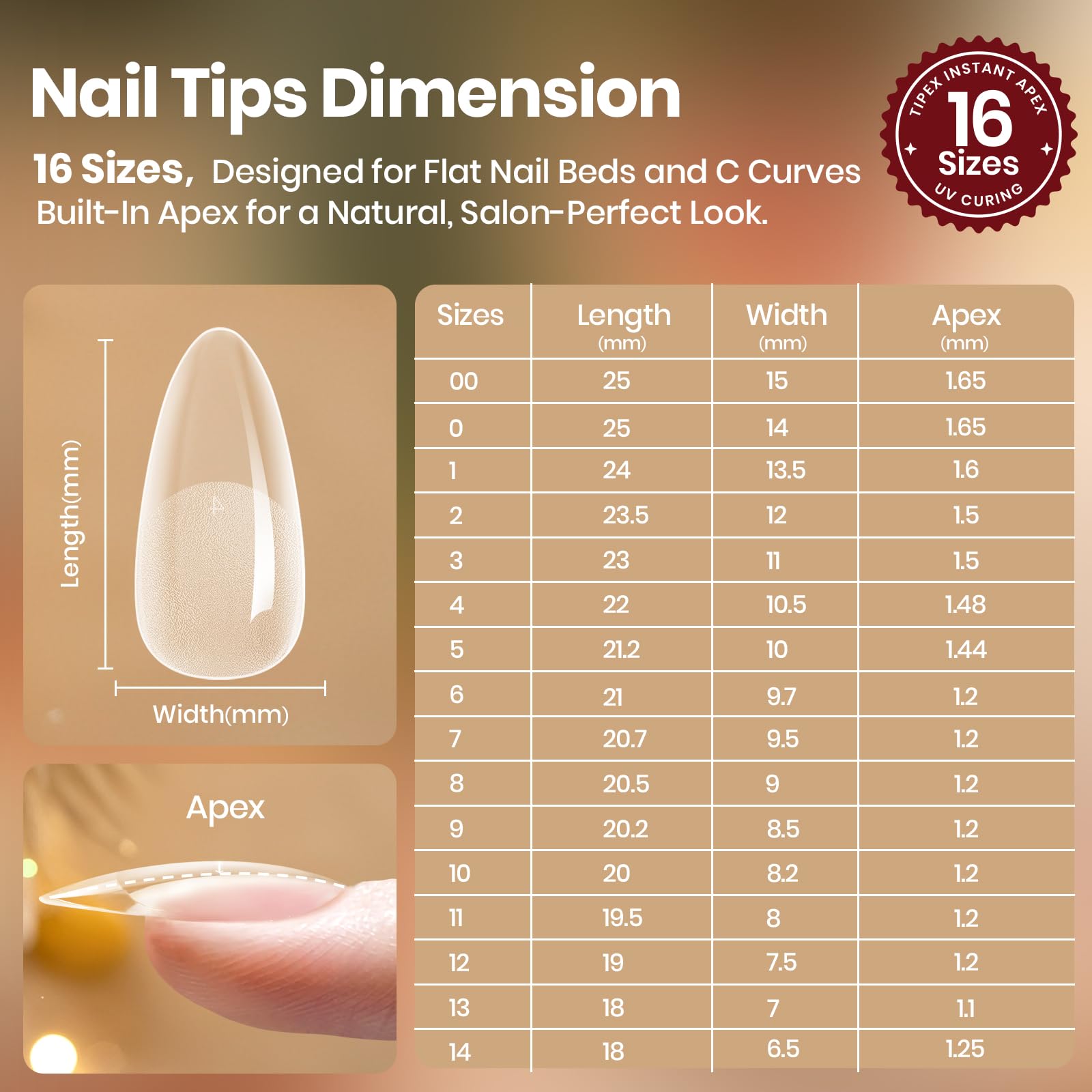 Beetles Tipex Lite Apex Nail Tips – Almond Medium, 256pcs, 16 Sizes | Pre-Built & Pre-Etched for Flat Nails