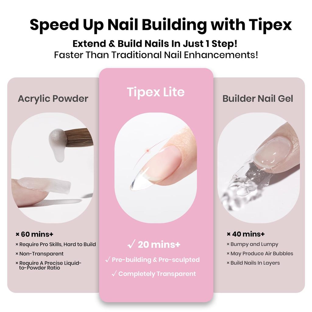 Beetles Tipex Lite Apex Nail Tips Kit – Almond Short, 192pcs + UV Glue, Base & Top Coat, Mini Lamp