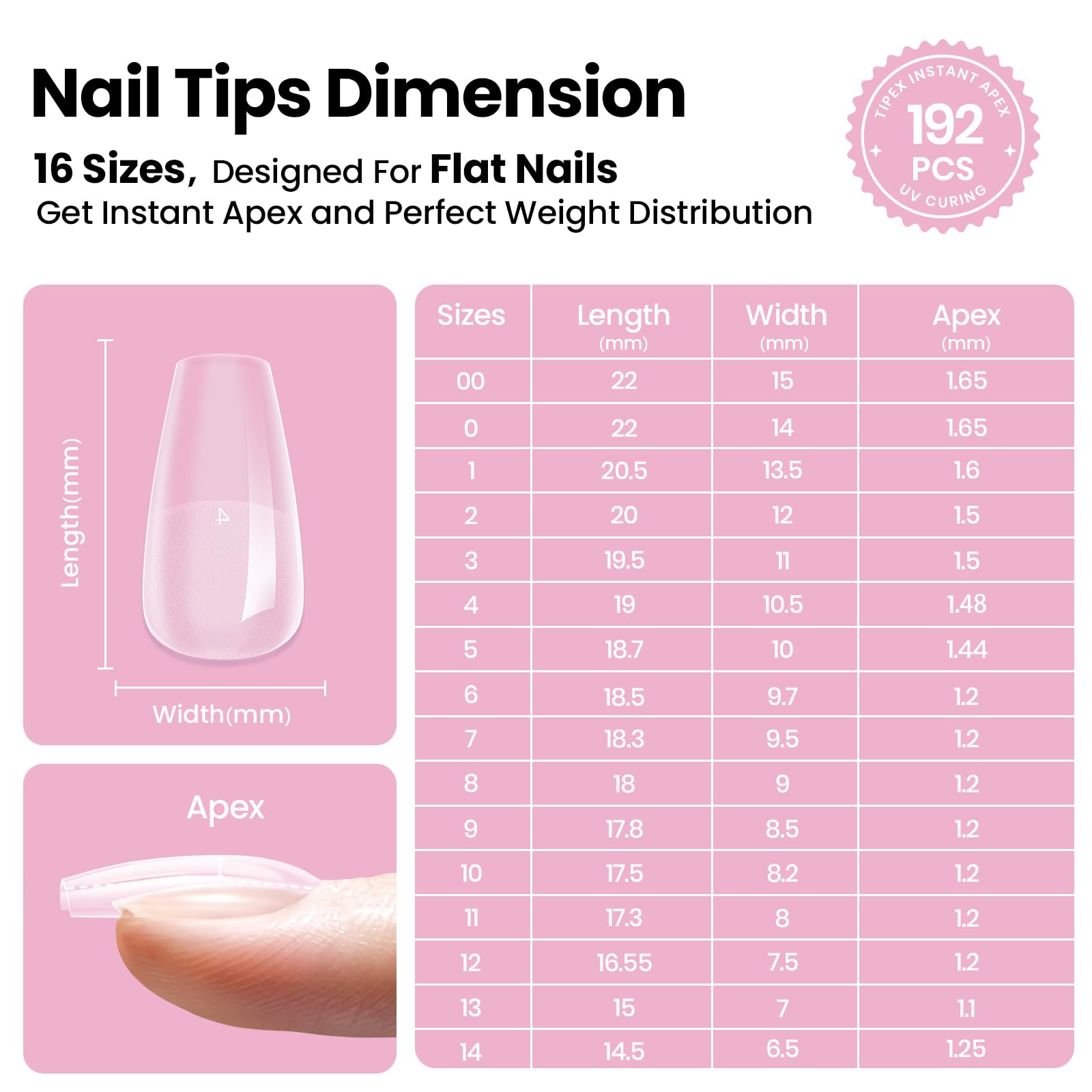 Beetles Tipex Lite Apex Nail Tips Kit – 192pcs Coffin Short, UV Glue, Base & Top Coat, Mini Lamp