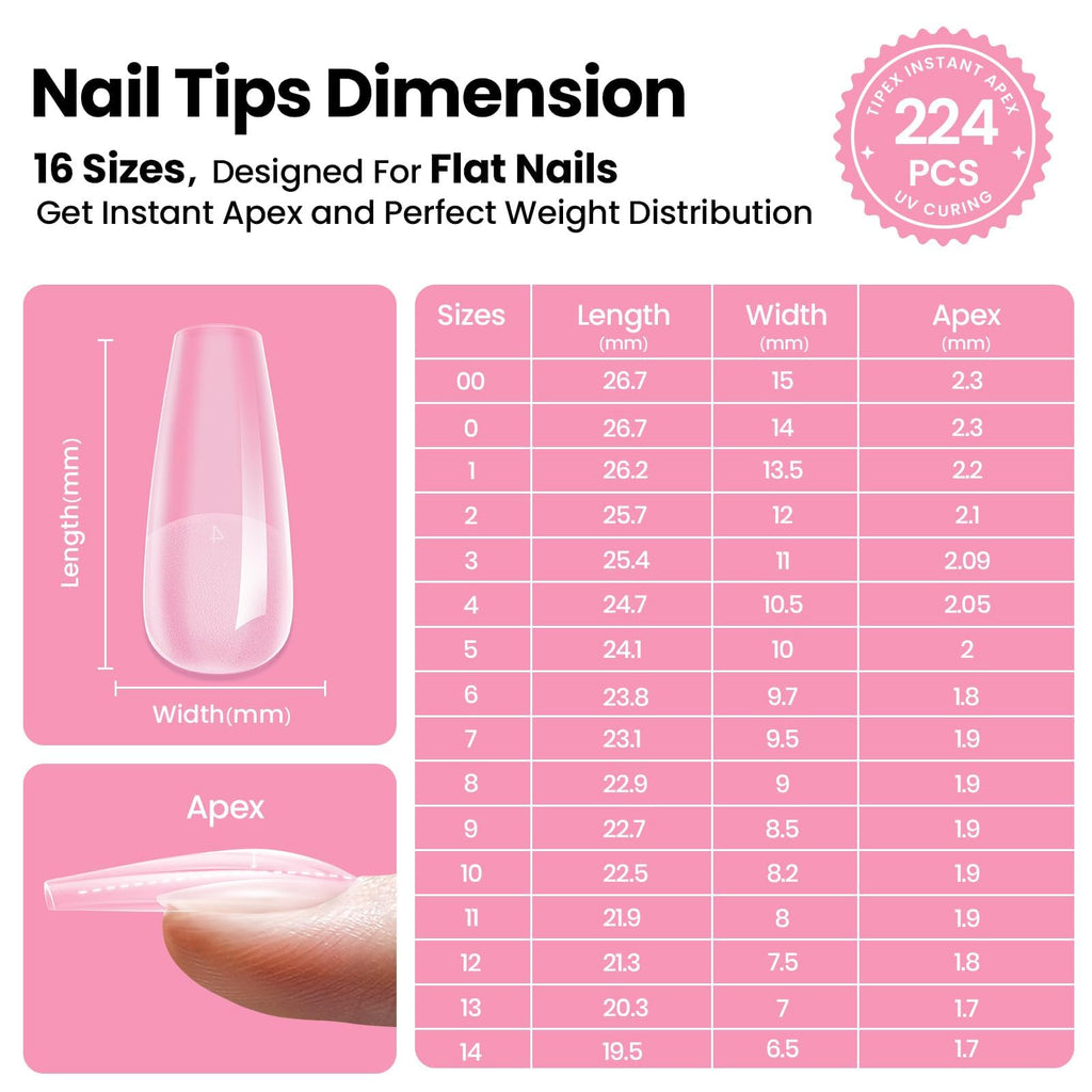 Beetles Tipex Pre-Building Instant Apex Nail Tips Kit – Coffin Medium, 224PCS in 16 Sizes | All-in-One Gel Nail Extension with Mini UV Lamp