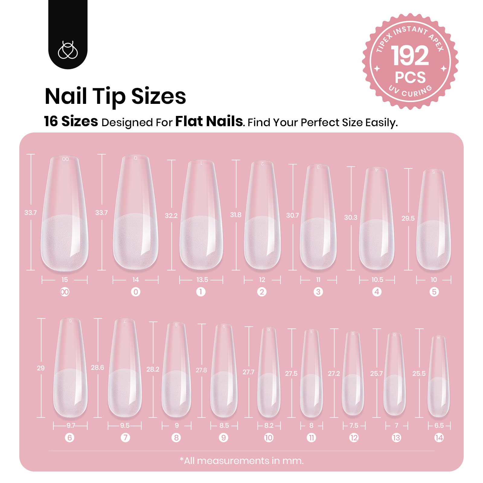 Beetles Tipex Instant Apex Nail Tips Almond Short – 16 Sizes, 192 Pcs, Pre-Etched & Pre-Building, Strong Thick Acrylic