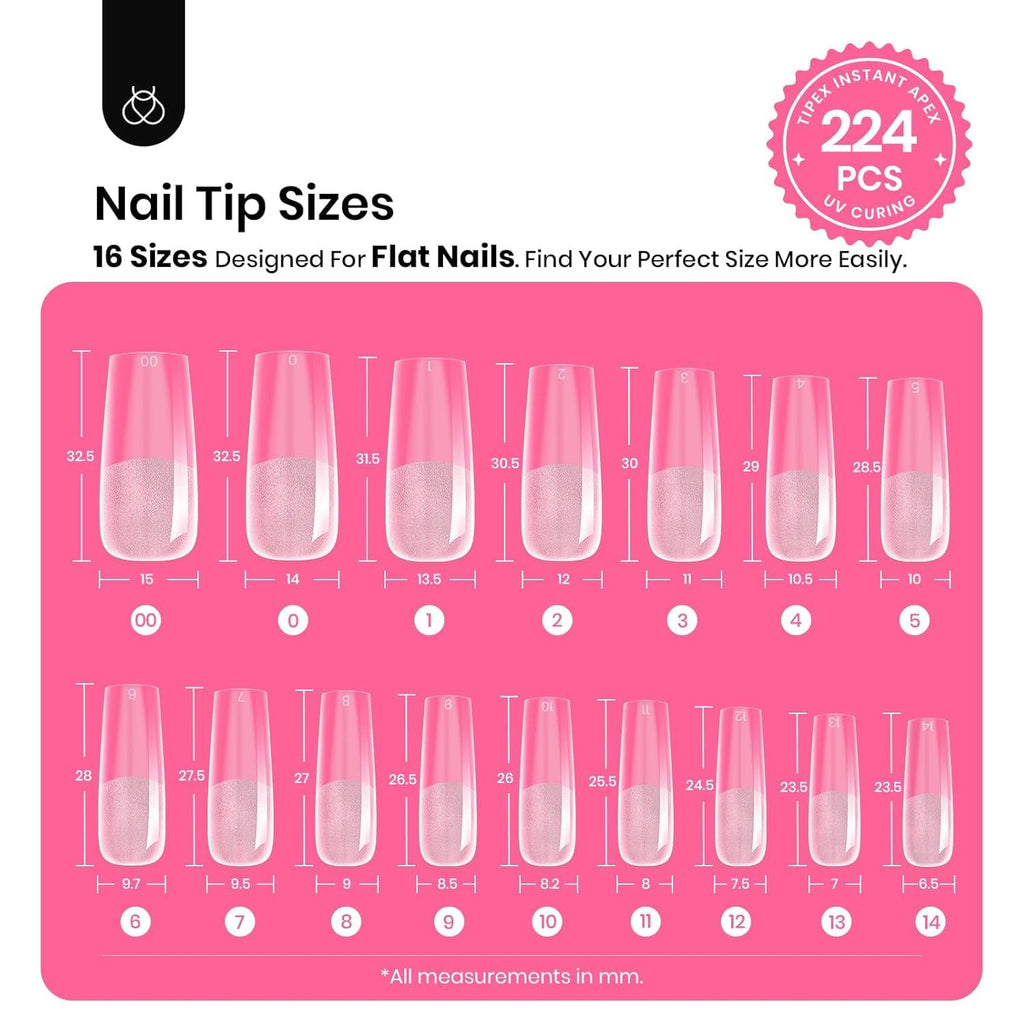Beetles Tipex Nail Tips Kit Long Square – 224 Pcs, 16 Sizes, Pre-Etched Thick Tips, Mini UV Lamp & Glue