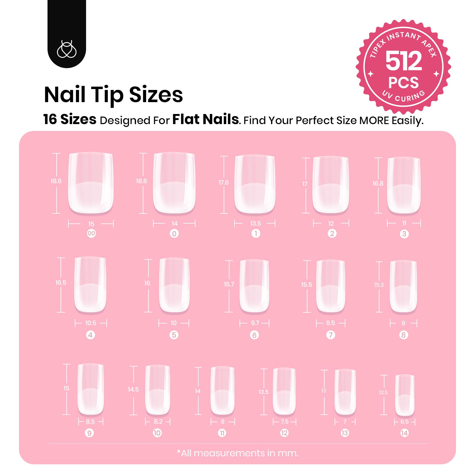 Beetles Tipex Instant Apex Nail Tips - Extra Short Square, 512 Pieces, 16 Sizes