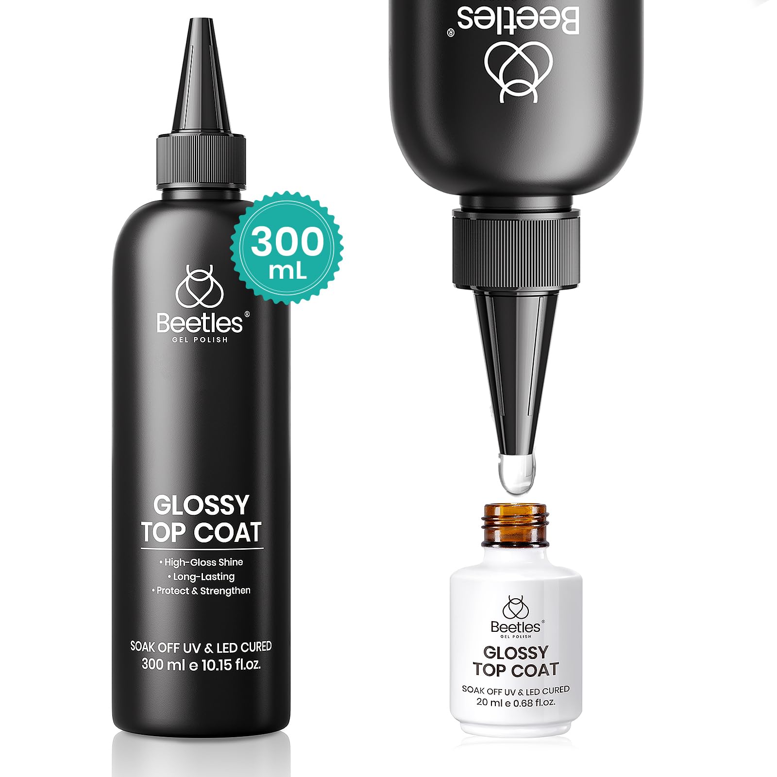 Beetles Extra Glossy Top Coat Bulk 300ml — No-Wipe Gel Top Coat, High Shine