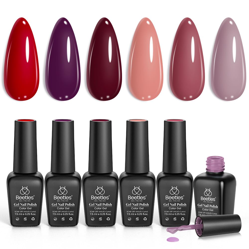 Beetles Valentines Gel Polish Set – 6 Pcs Burgundy, Red, Purple, Brown Nail Kit