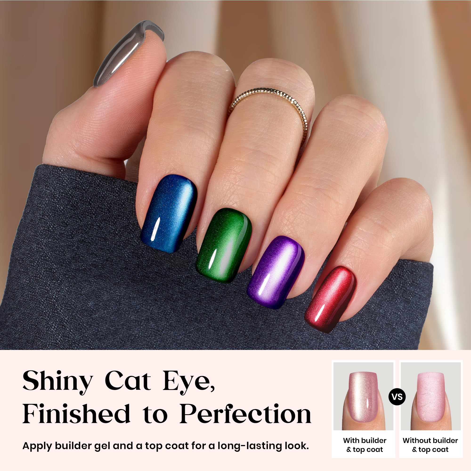 Beetles X Press Cat Eye Nails – 7 Colors, 16 Sizes, 224 Pcs | Short Square Press-On Nails