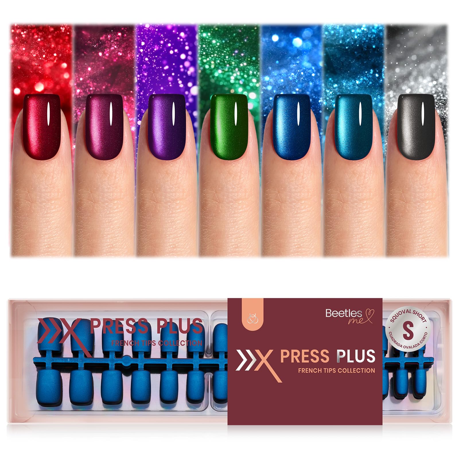 Beetles X Press Cat Eye Nails – 7 Colors, 16 Sizes, 224 Pcs | Short Square Press-On Nails