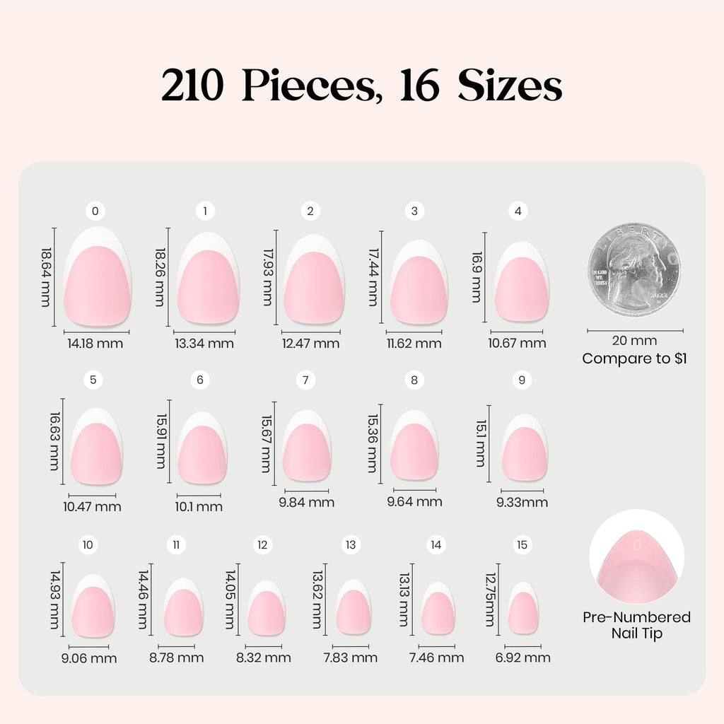 Beetles X Press Plus French Tip Nails – Petal French Pink, Ultra-Short Almond Tips | 210 Pcs, 16 Sizes