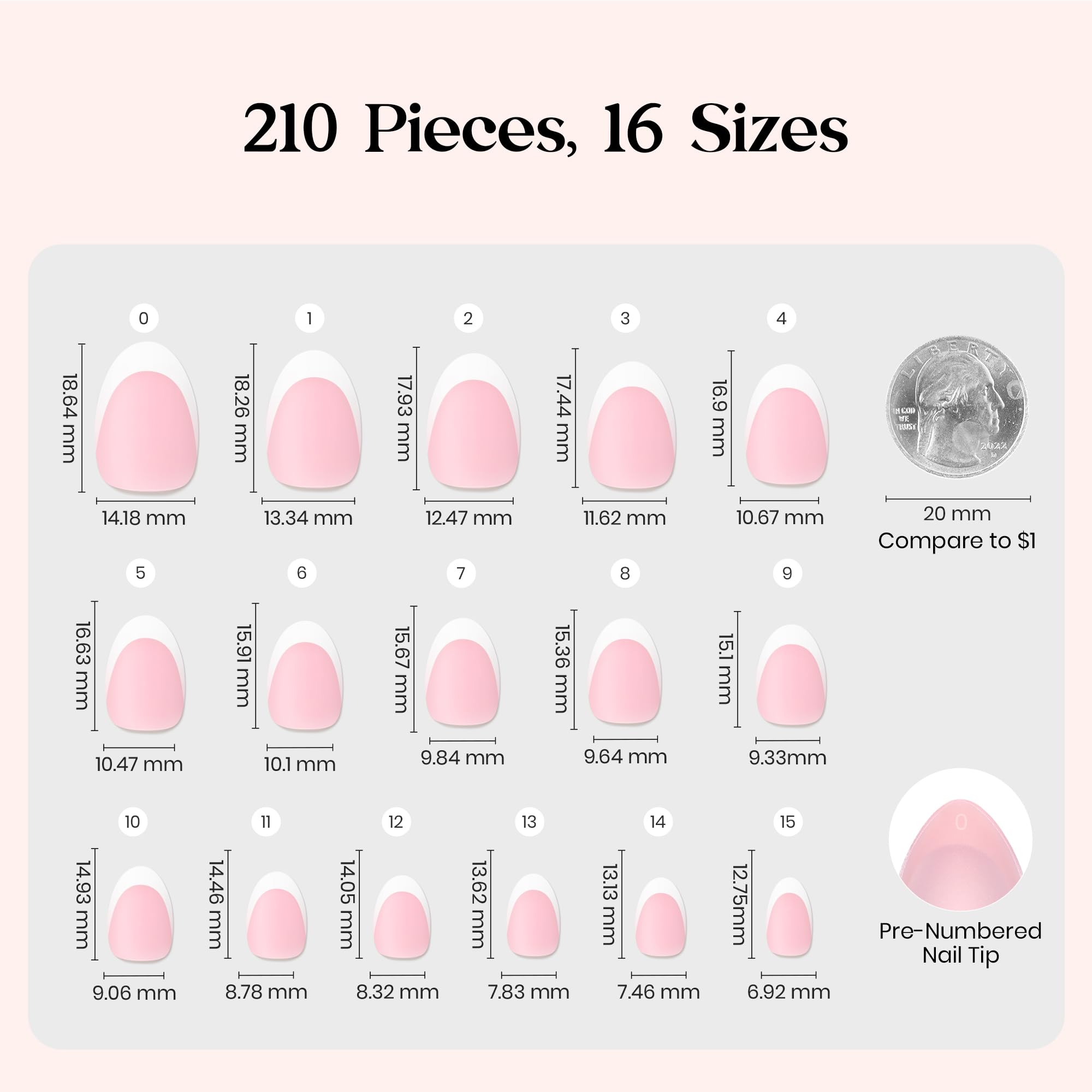 Beetles X Press Plus French Tip Nails – Petal French Pink, Ultra-Short Almond Tips | 210 Pcs, 16 Sizes