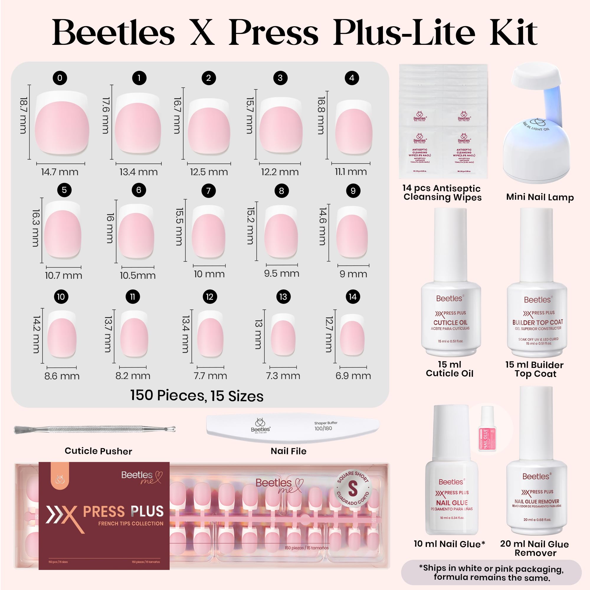 Beetles X Press Plus Glow French Gel Nails Kit – Pink Short Square Press-On, 150 Pcs, All-In-One