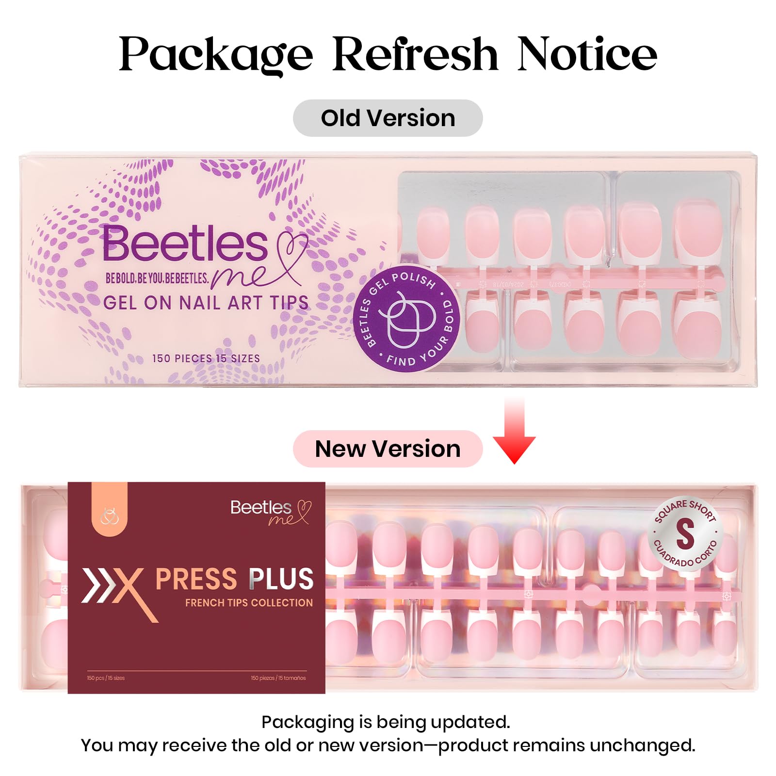 Beetles X Press Plus French Tip Nails – Camellia French, Pink Short Squoval | 224 Pcs, 16 Sizes