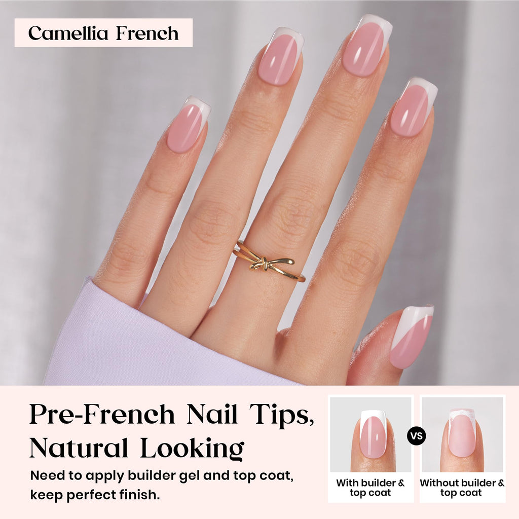 Beetles X Press Plus French Tip Nails – Camellia French, Pink Short Squoval | 224 Pcs, 16 Sizes