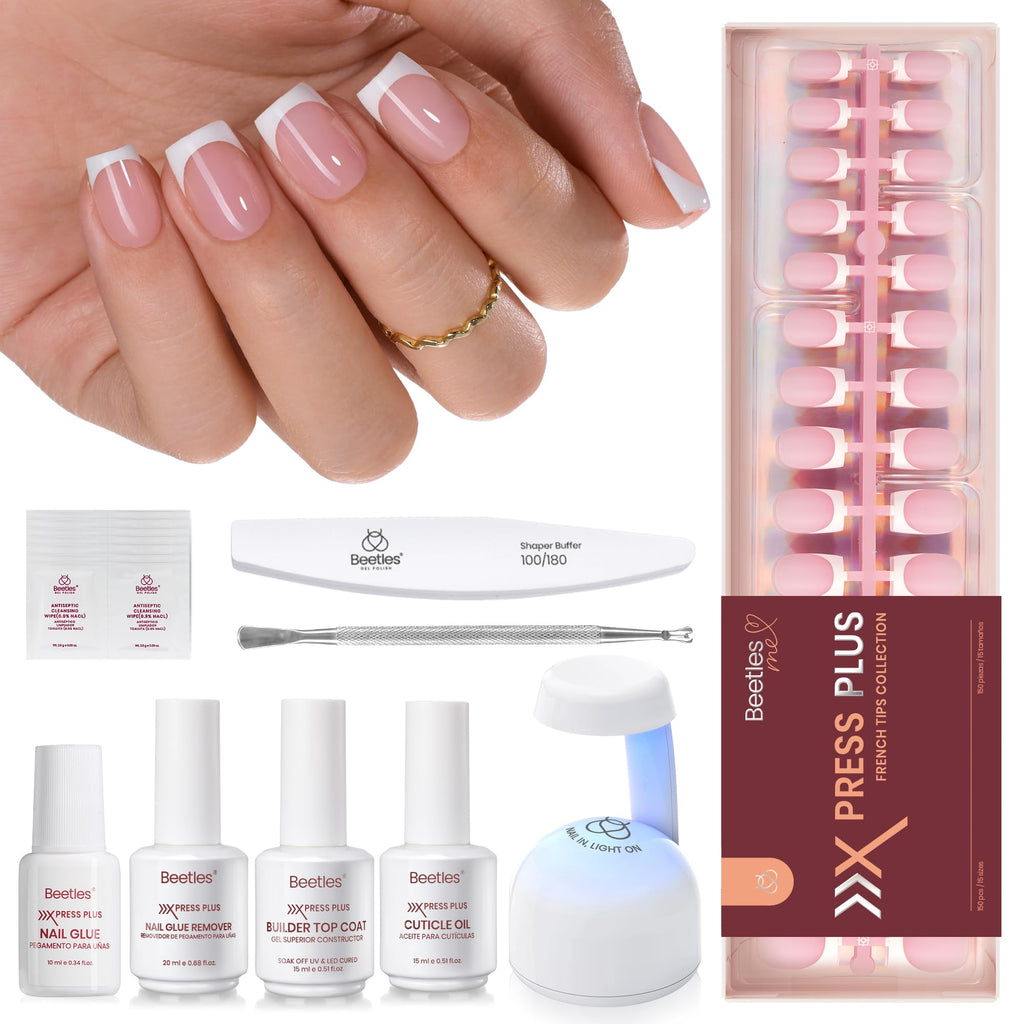Beetles X Press Plus Glow French Gel Nails Kit – Pink Short Square Press-On, 150 Pcs, All-In-One