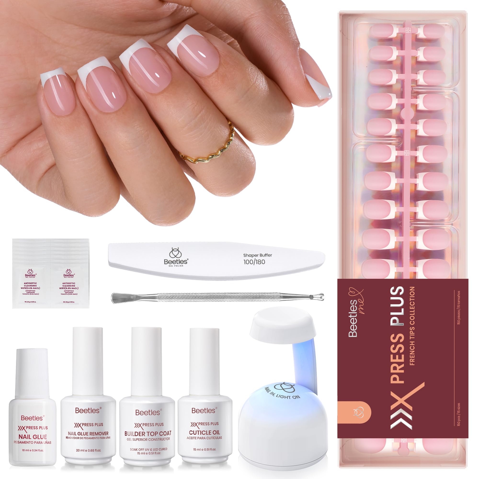 Beetles X Press Plus Glow French Gel Nails Kit – Pink Short Square Press-On, 150 Pcs, All-In-One