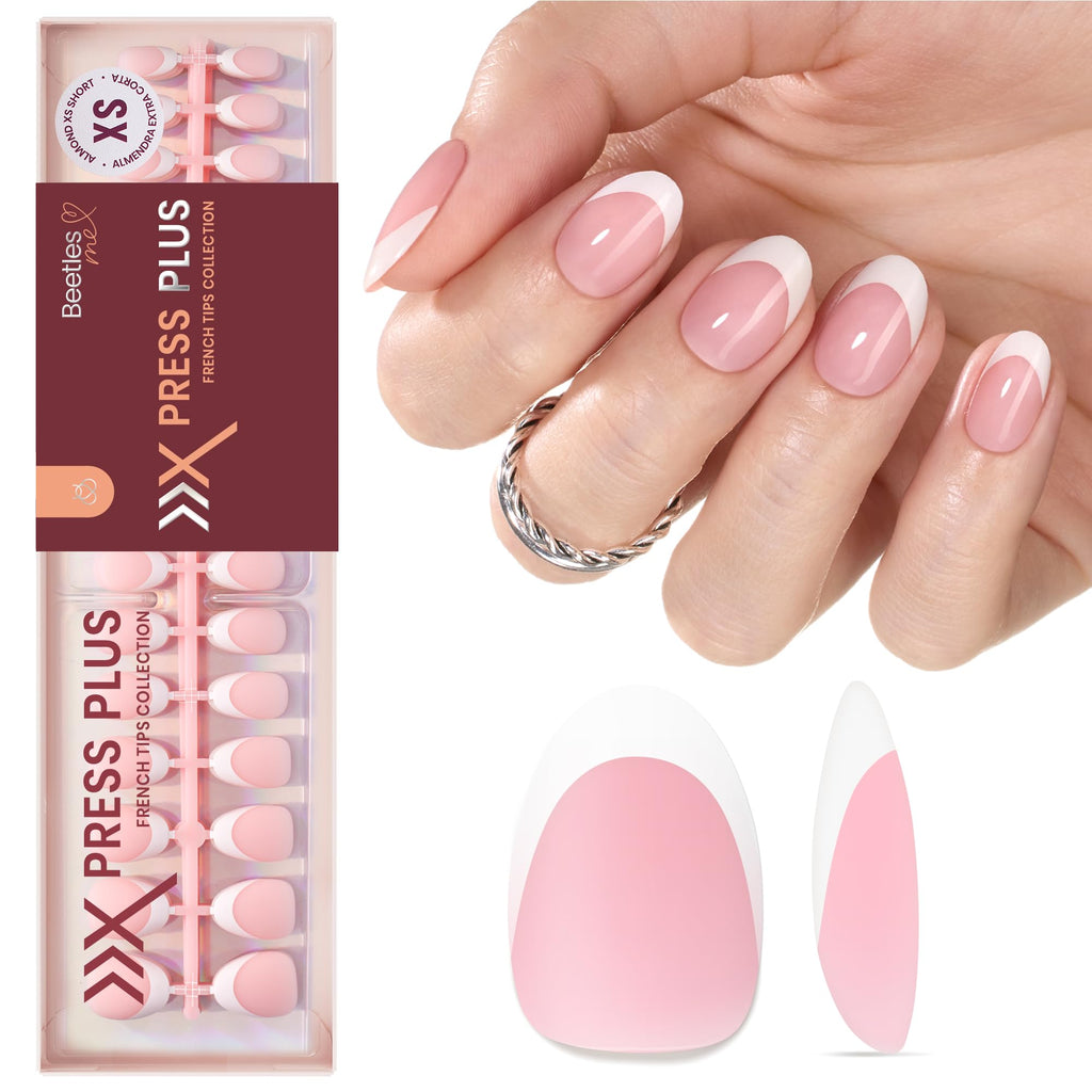 Beetles X Press Plus French Tip Nails – Petal French Pink, Ultra-Short Almond Tips | 210 Pcs, 16 Sizes