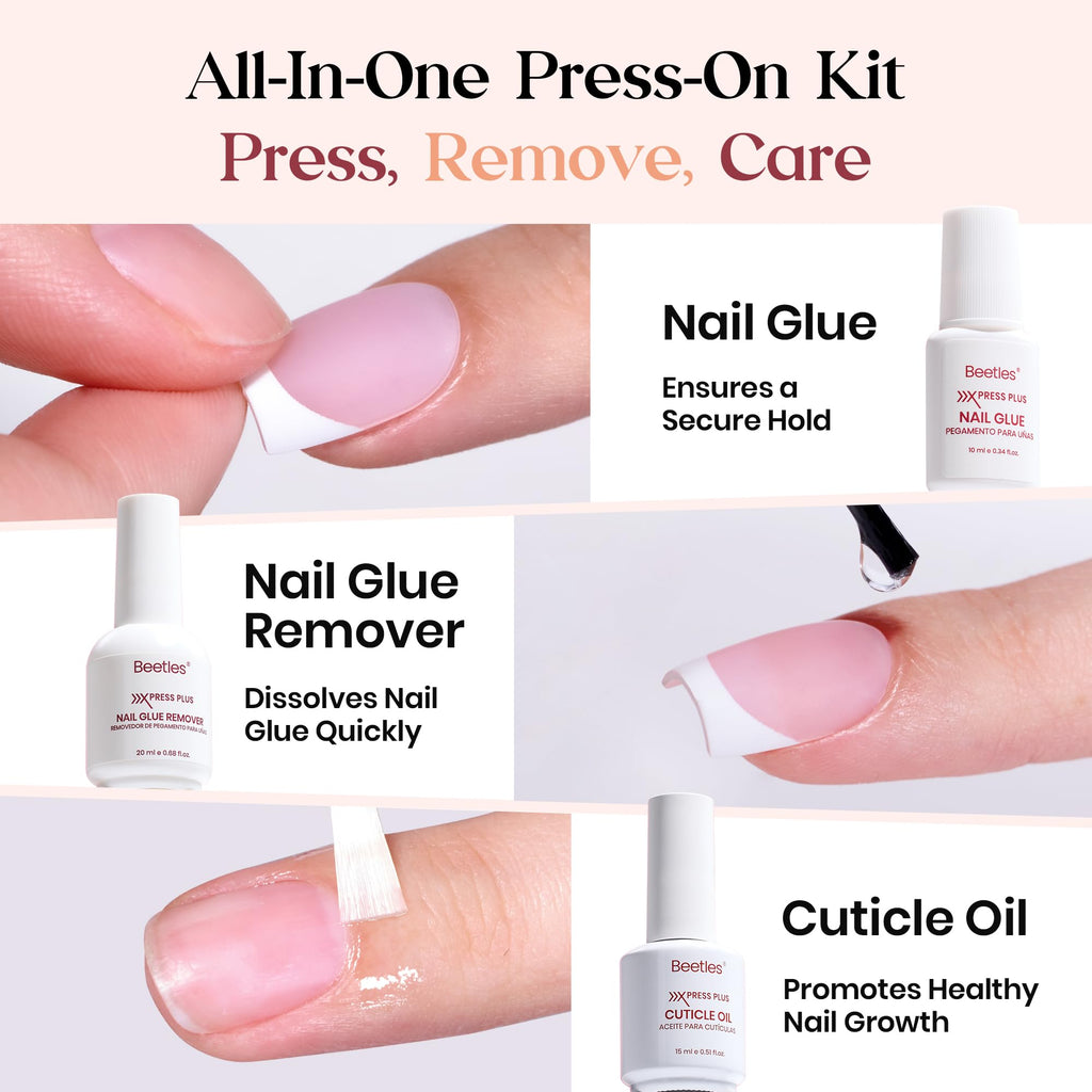 Beetles X Press Plus Glow French Gel Nails Kit – Pink Short Square Press-On, 150 Pcs, All-In-One