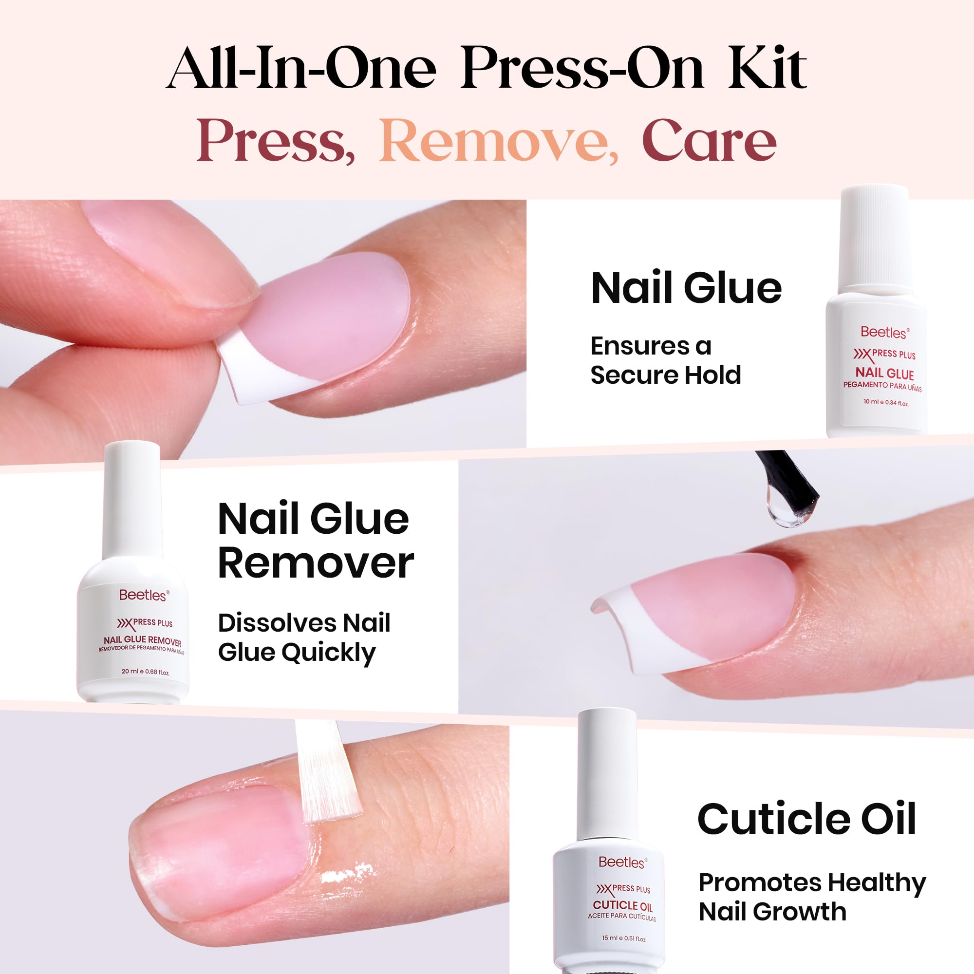Beetles X Press Plus Glow French Gel Nails Kit – Pink Short Square Press-On, 150 Pcs, All-In-One