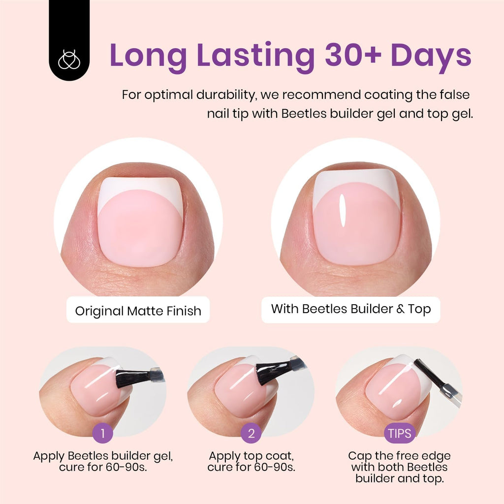 Beetles X Press Plus French Tip Toenails – Ivory French, Pink Short Square Press-On Toe Nails (252 Pcs, 18 Sizes) – Salon-Quality Gel Tips