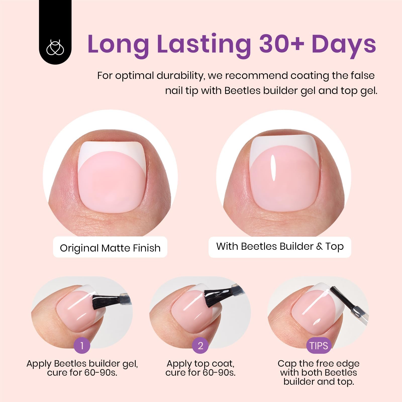Beetles X Press Plus French Tip Toenails – Ivory French, Pink Short Square Press-On Toe Nails (252 Pcs, 18 Sizes) – Salon-Quality Gel Tips