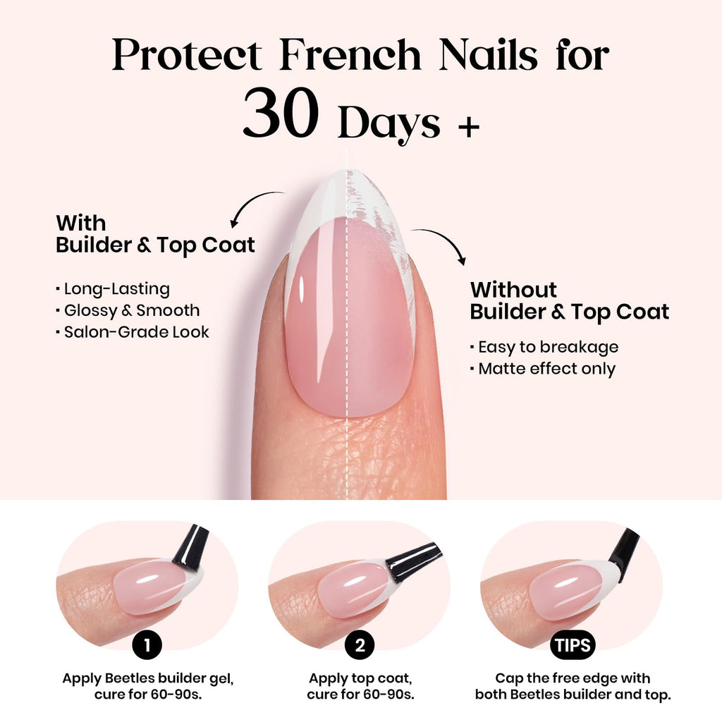 Beetles X Press Plus French Tip Nails – Petal French Pink, Ultra-Short Almond Tips | 210 Pcs, 16 Sizes