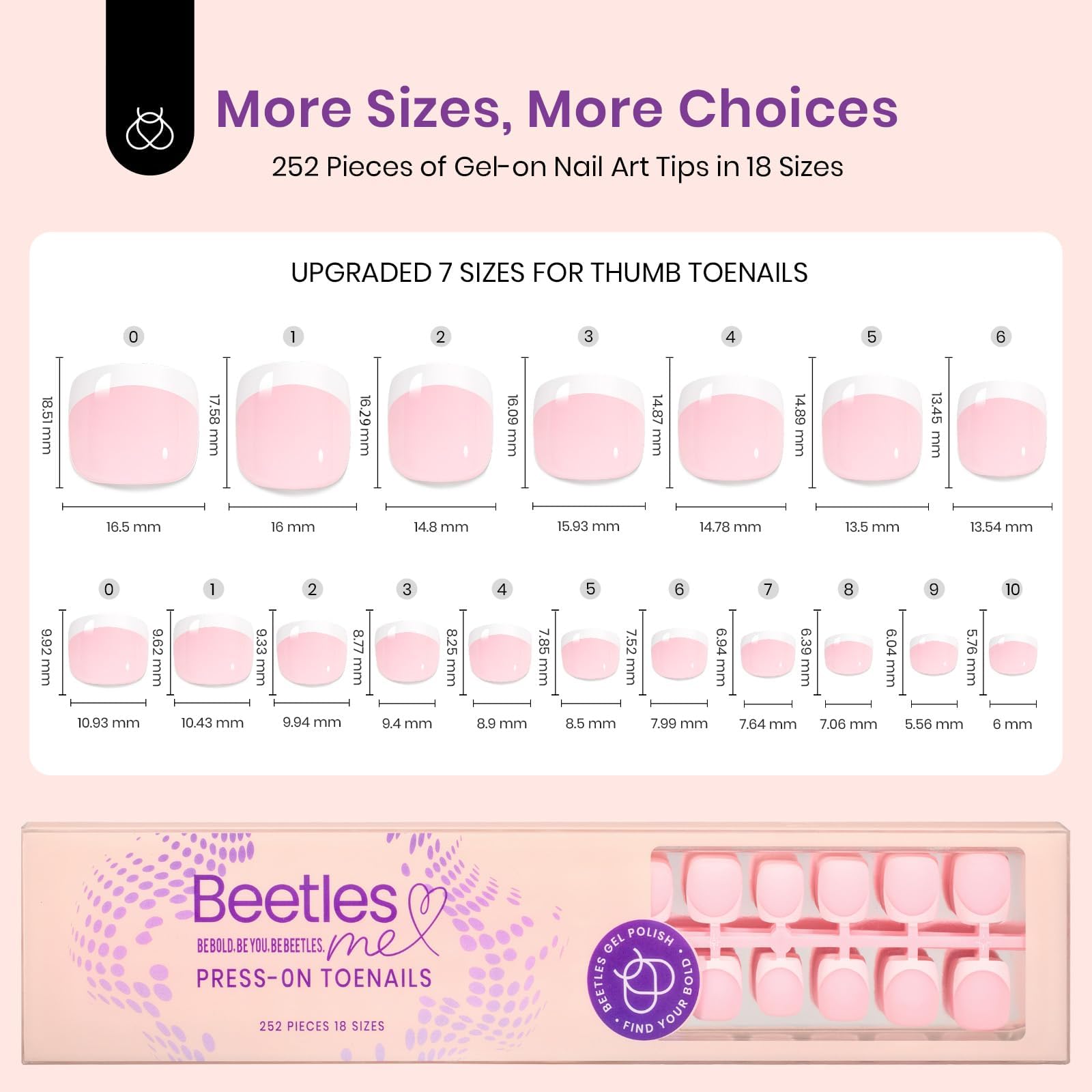 Beetles X Press Plus French Tip Toenails – Ivory French, Pink Short Square Press-On Toe Nails (252 Pcs, 18 Sizes) – Salon-Quality Gel Tips