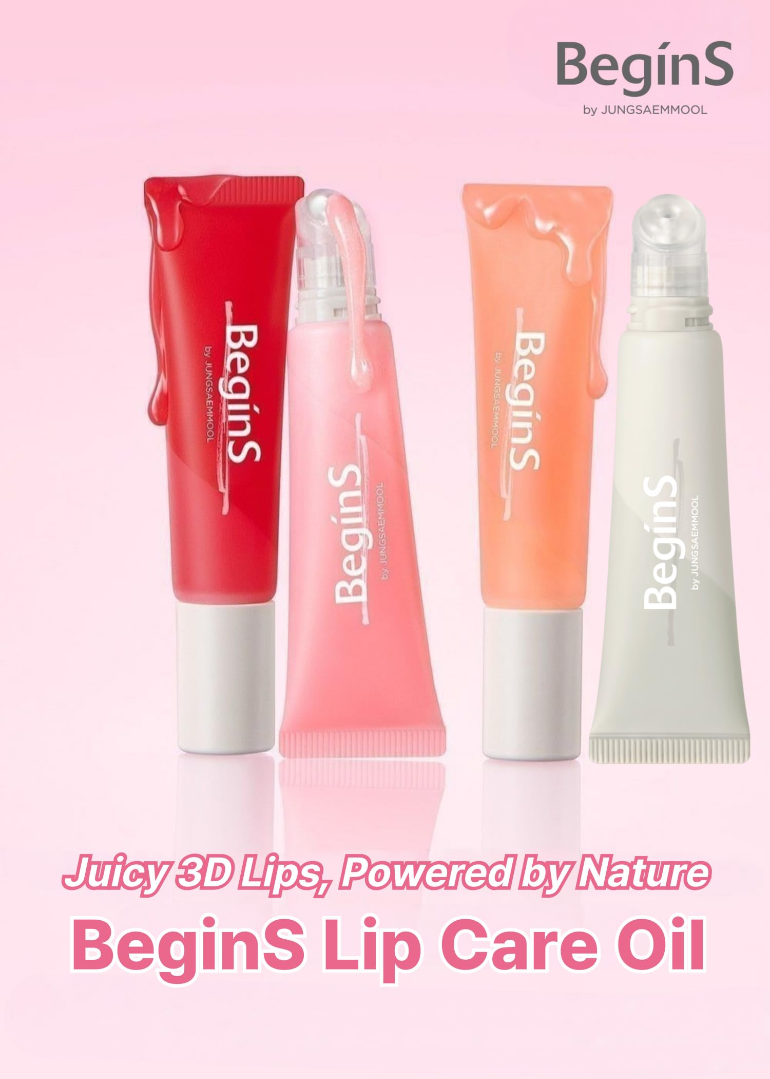 BeginS Lip Care Color Oil Pink Soda – Vegan Tinted Lip Oil with Jelly Massager, Hydrating & Cooling Lip Treatment