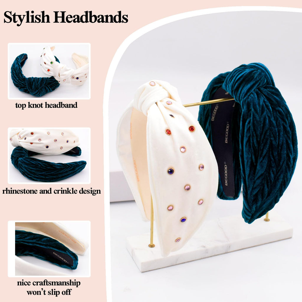 BEGOOD Rhinestone Knotted Wide Headbands for Women — Velvet Turban Hair Accessories (2-Pack)