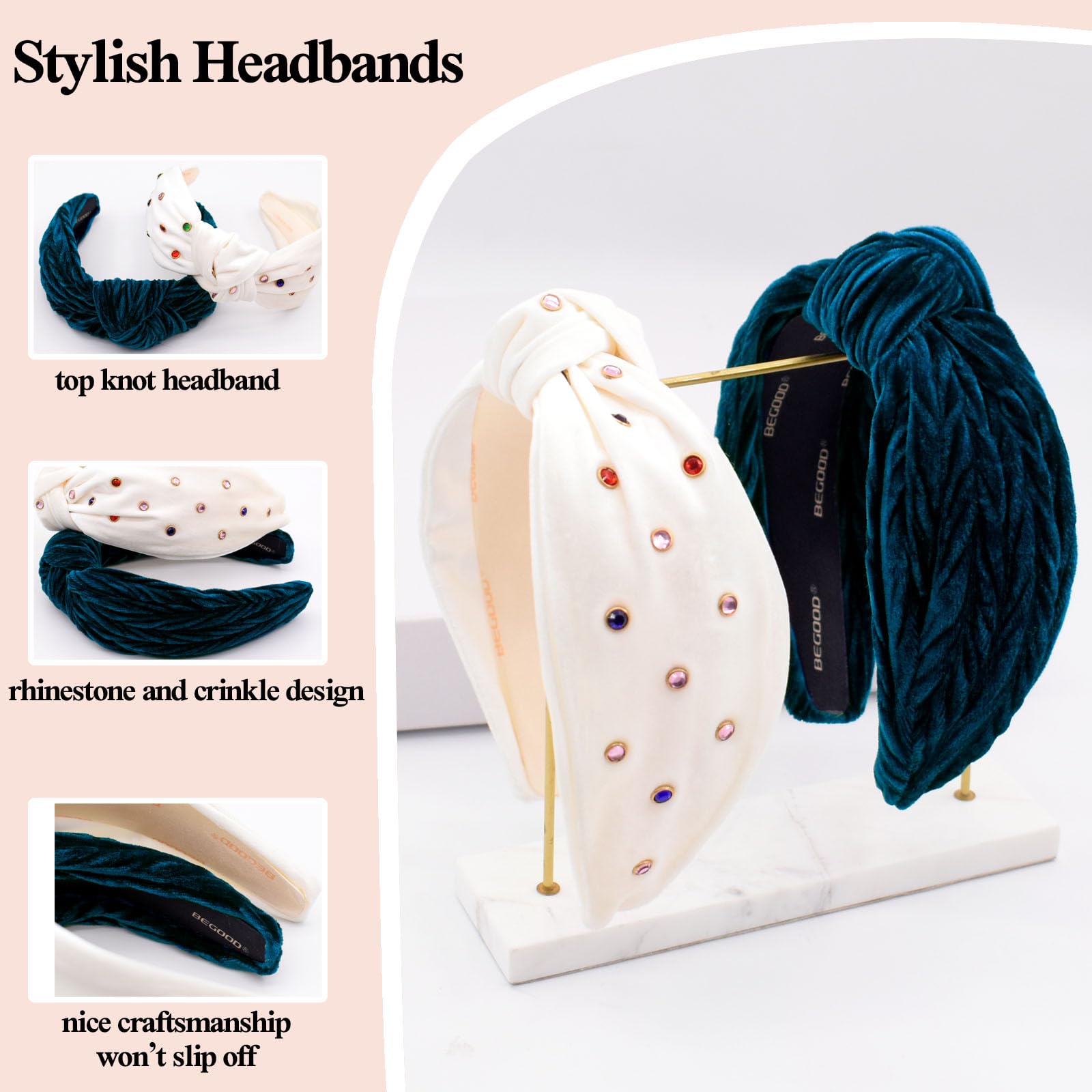 BEGOOD Rhinestone Knotted Wide Headbands for Women — Velvet Turban Hair Accessories (2-Pack)