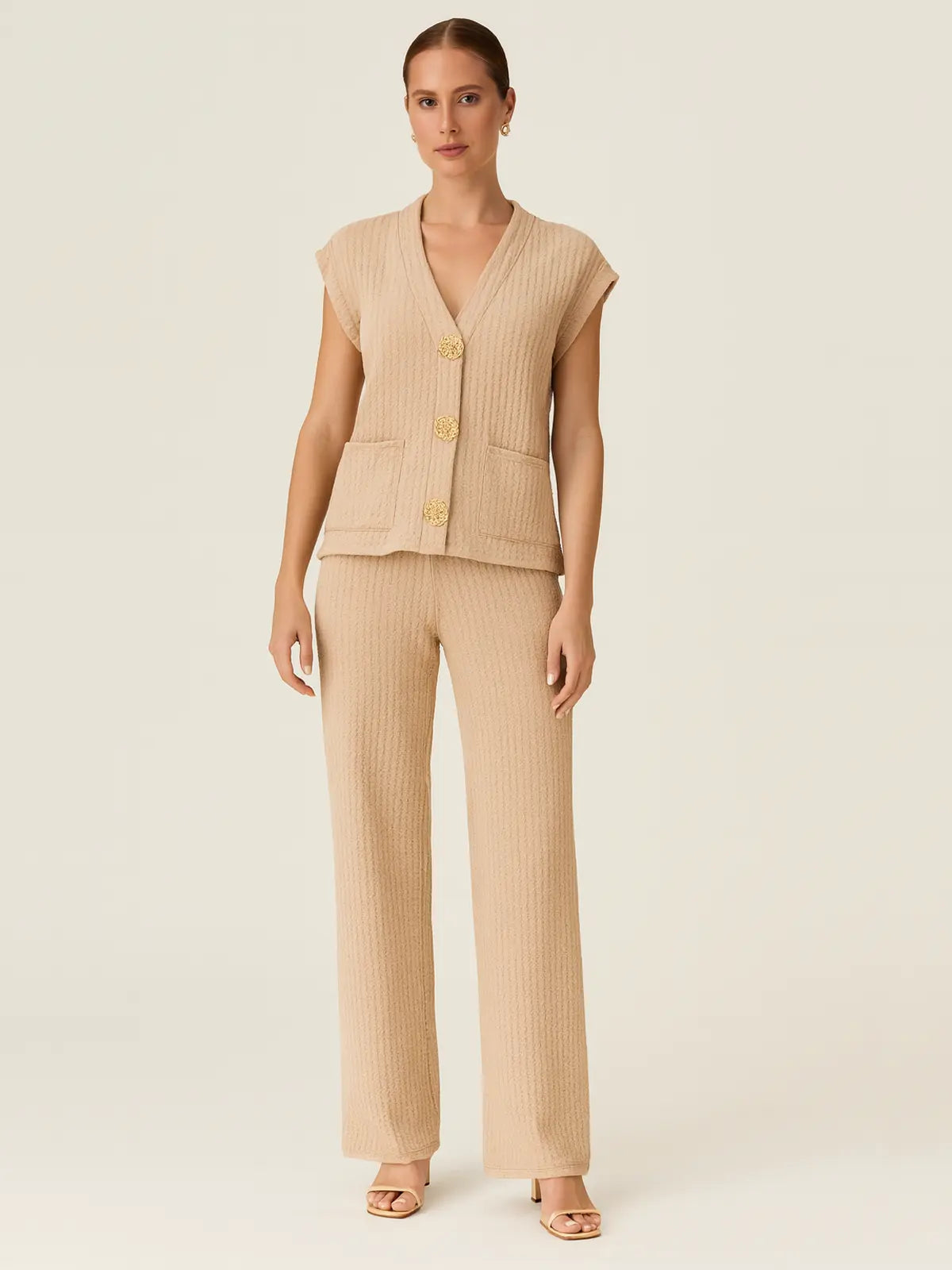 3-Gold Button Short Sleeve Set