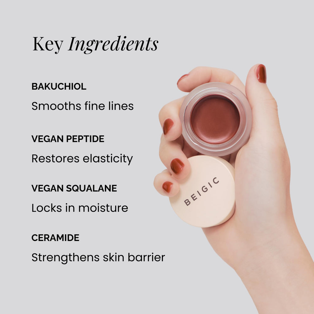 BEIGIC Flush Lip & Cheek Balm | Vegan Buildable Cream Blush in 01 Tulle Peach Coral | Dewy Glow