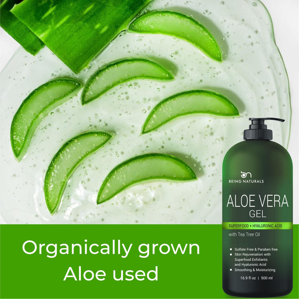 Being Naturals Aloe Vera Gel – 100% Pure Organic Aloe, Hyaluronic Acid & Superfoods, 16.9 oz