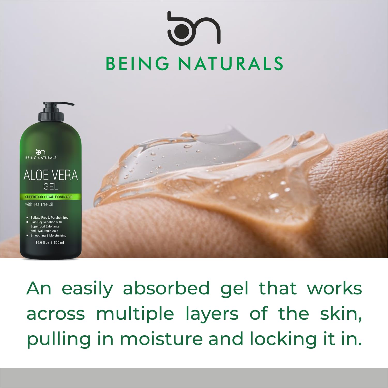 Being Naturals Aloe Vera Gel – 100% Pure Organic Aloe, Hyaluronic Acid & Superfoods, 16.9 oz