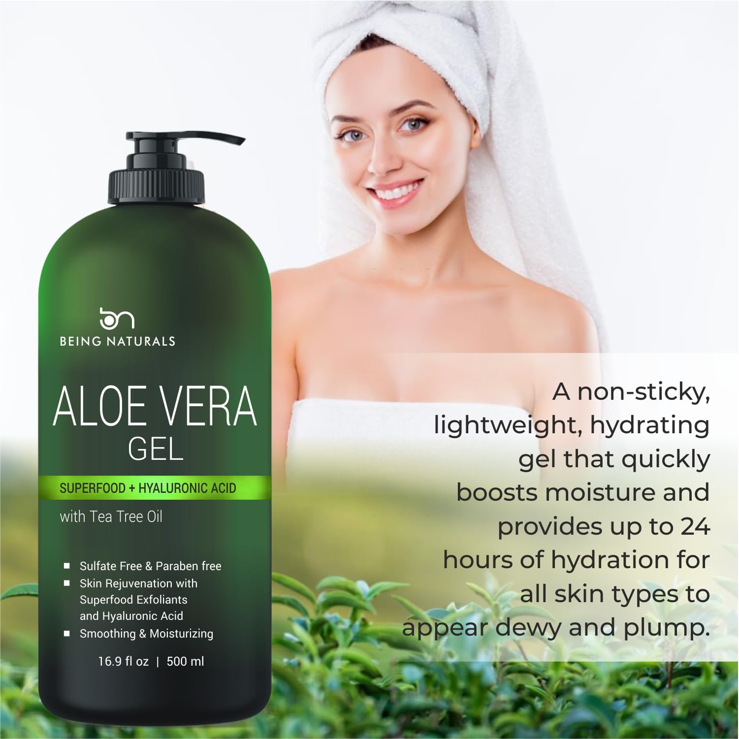 Being Naturals Aloe Vera Gel – 100% Pure Organic Aloe, Hyaluronic Acid & Superfoods, 16.9 oz