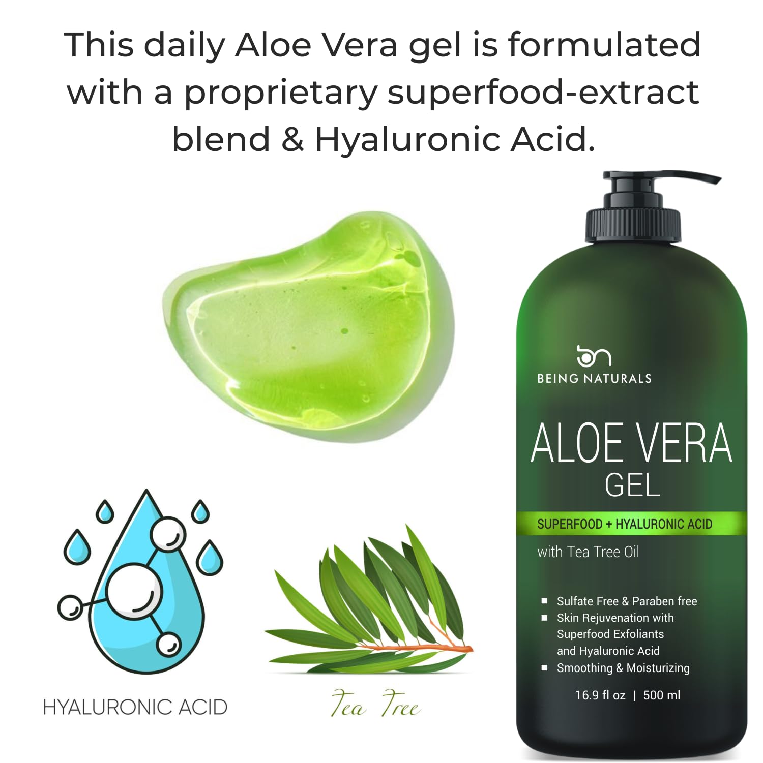 Being Naturals Aloe Vera Gel – 100% Pure Organic Aloe, Hyaluronic Acid & Superfoods, 16.9 oz