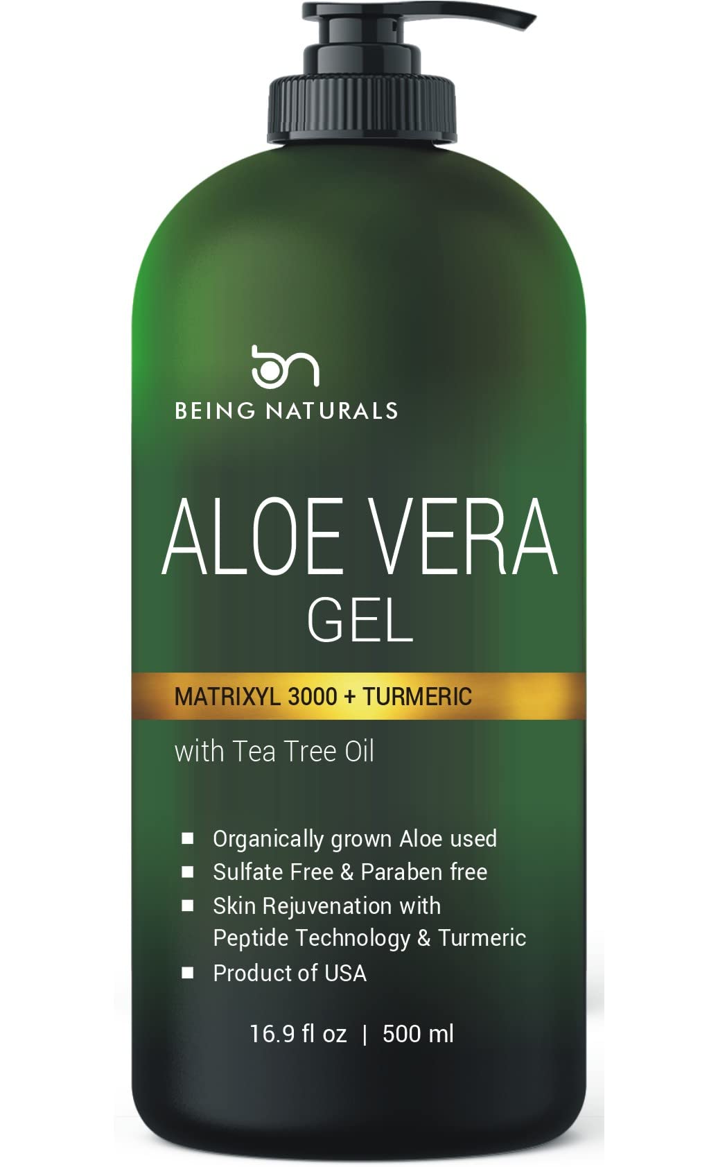 Being Naturals Aloe Vera Gel – Pure Organic Moisturizer with Matrixyl 3000 & Turmeric (16.9 oz)