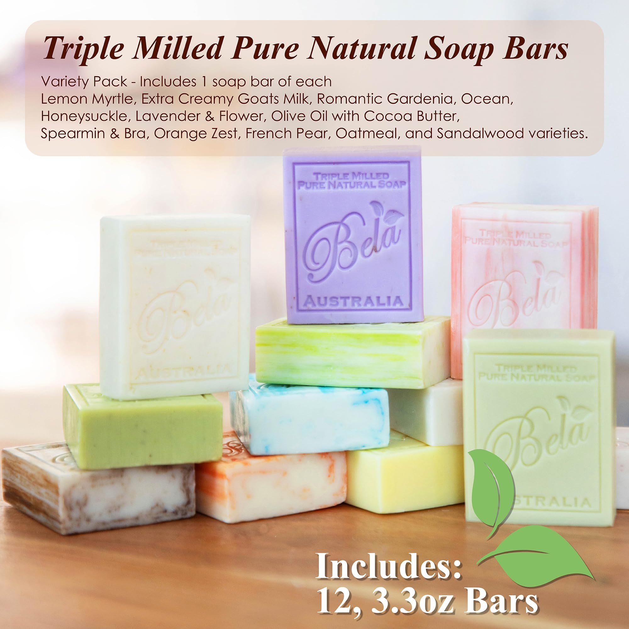 BELA Triple Milled Soap Variety Pack – 12 Bars, 3.3 oz Each, Organic Shea Butter | Made in Australia