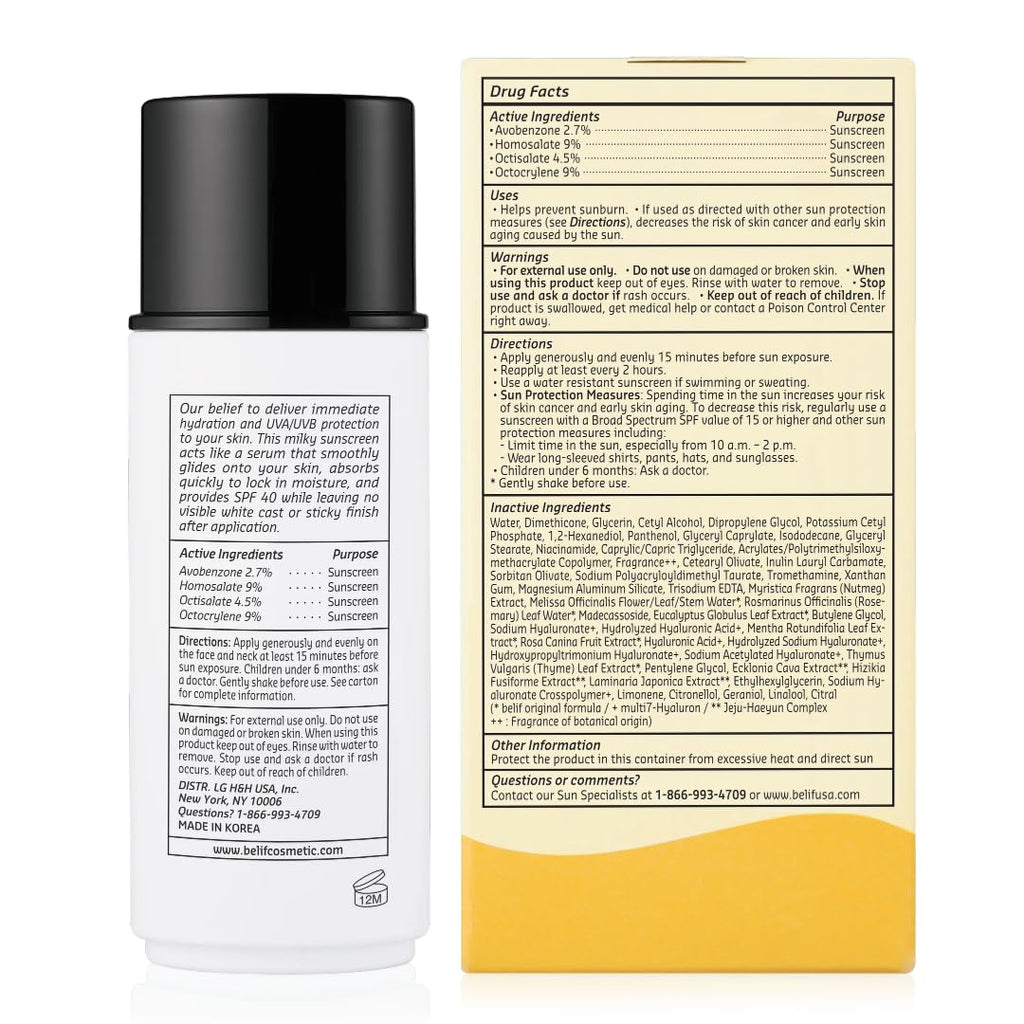 belif Milky Niacinamide Sunscreen SPF 40 – Lightweight, Invisible Sun Serum with 7 Types of Hyaluronic Acid